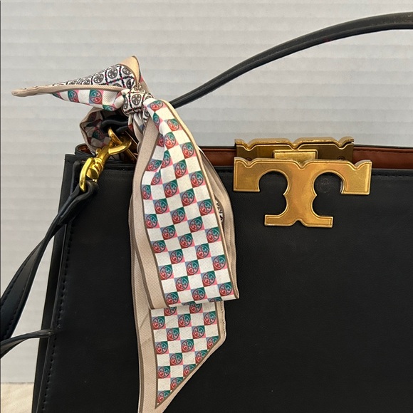 Tory Burch $700 Black Eleanor Spazoletto Satchel with Gold Logo and Ribbon - Picture 3 of 12